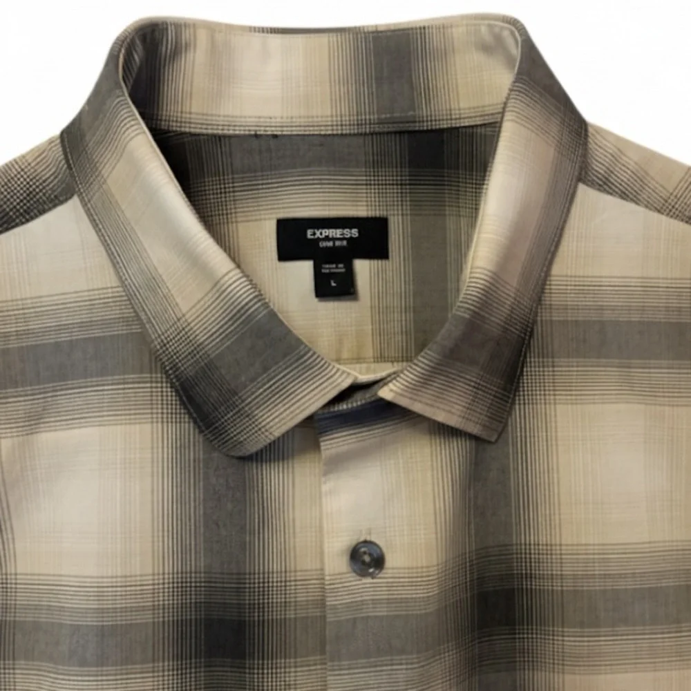 Express Slim 1MX Men’s Plaid Stretch Dress Shirt Lrg Gray Black Button Front